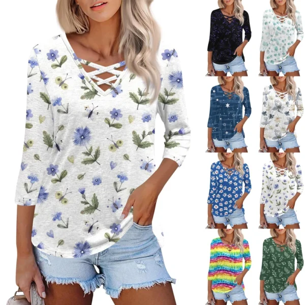 Women's Fashion Loose Cross V-Neck Seven Sleeve T-Shirt Vintage Floral Print