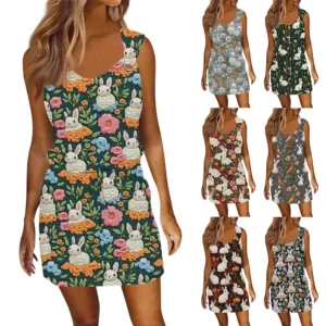 Women's Fashion Casual Easter Printed Sleeveless Drawstring Dress With Pockets