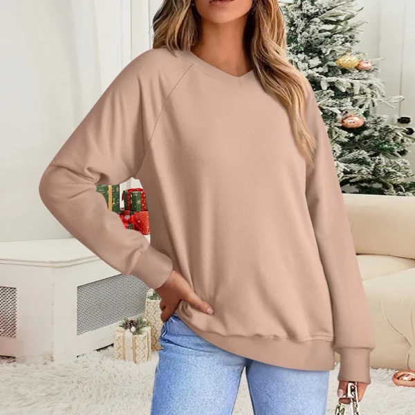 Women's Fashion Sweatshirt V-neck Long Sleeve Solid Color Casual Loose Pullover - Image 22