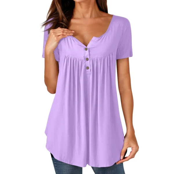 Women Tunic Tops Dressy Casual Summer Short Sleeve Shirts Loose Fit Pleated - Image 5