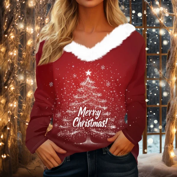 Women's Christmas Shirt Long Sleeve Top Fleece Collar Party V Neck T Shirt - Image 16