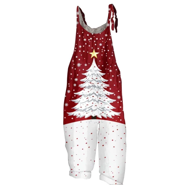 Women's Loose Vintage Shoulder Strap Print Casual Jumpsuit Christmas - Image 3