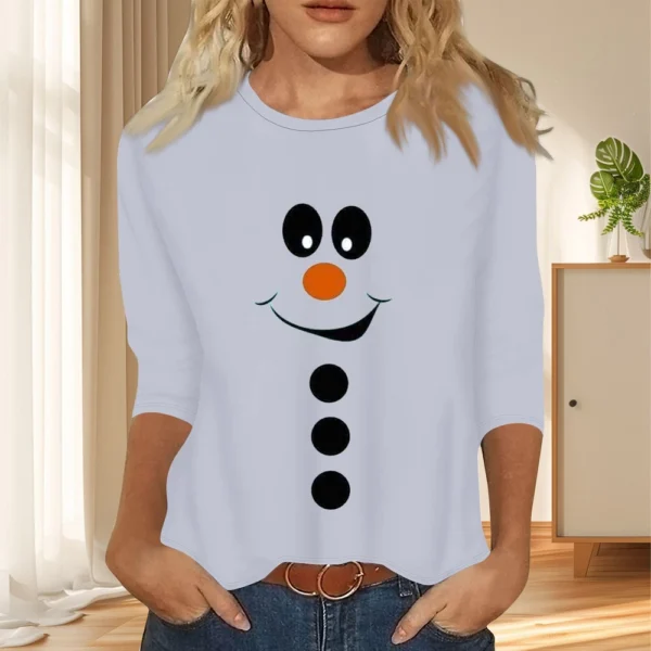 Women's Christmas Casual Round Neck T-Shirt Printed 3/4 Sleeve Loose Ladies Top - Image 22