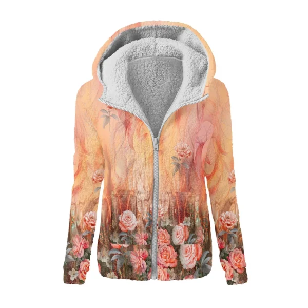Women's Fashion Retro Floral Print Hooded Plush Casual Top Zipper Jacket - Image 22
