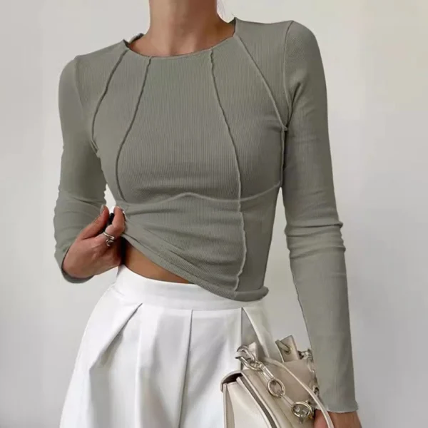 Solid Color Slim Long Sleeve Crew Neck T-Shirt Women - Image 10