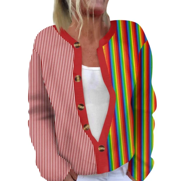 Women's Fashion Long Sleeve  Carnival Color Stripes Print Jacket Cardigan - Image 10