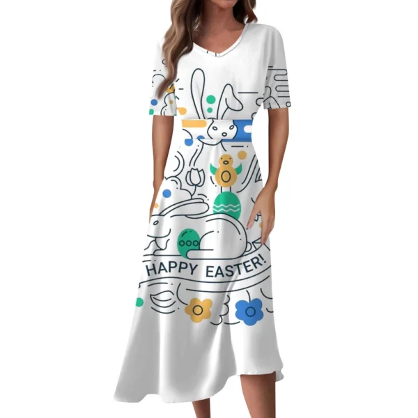 Ladies Casual Fashion Gradient Print V-Neck Short Sleeve Waist Long Swing Dress - Image 2