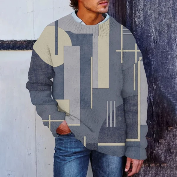 Men'S Printed Synthetic Sweater Round Neck Sportswear Loose Long Sleeved Top - Image 13