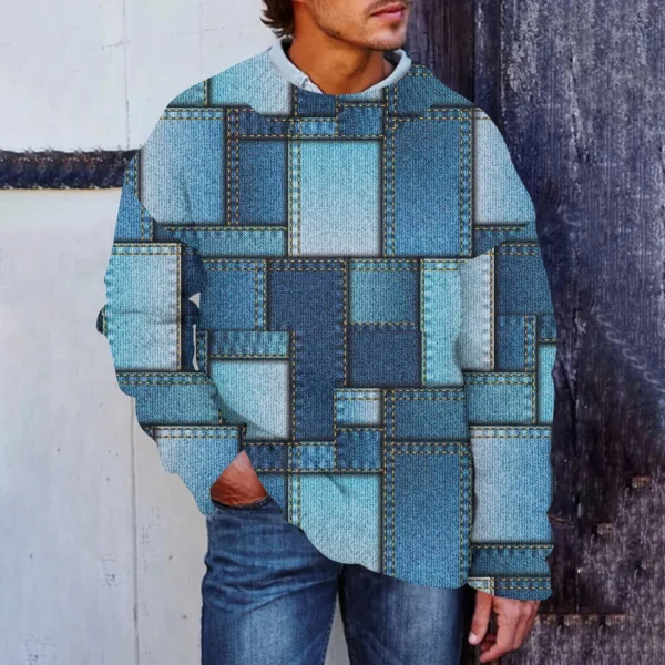 Men'S Printed Synthetic Sweater Round Neck Sportswear Loose Long Sleeved Top - Image 13