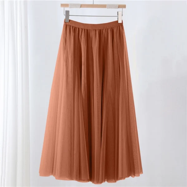 Women's Solid Color Mesh Skirt With Elastic Band Large Swing Mid Length Skirt - Image 22