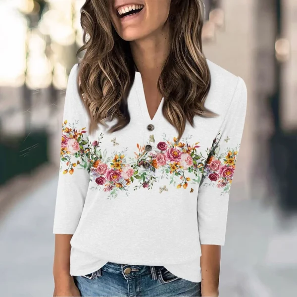 Women's Fashion Casual Loose 3/4 Sleeve Printed Round Neck Top - Image 16