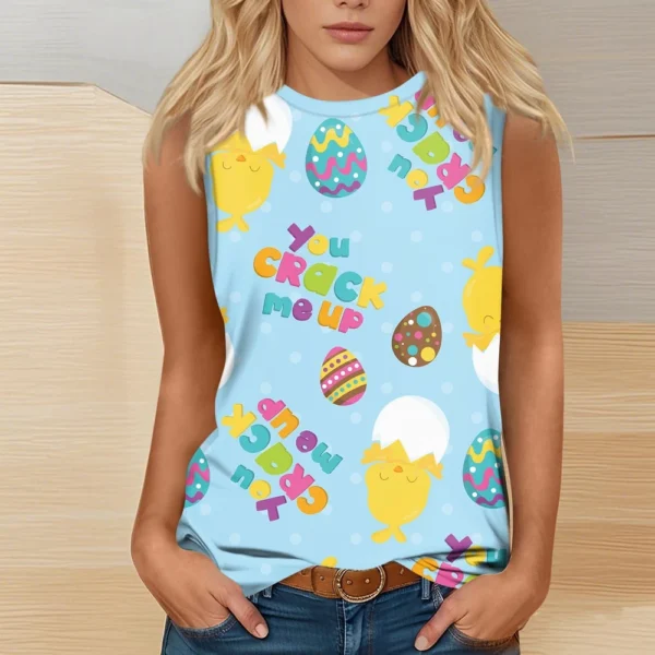 Women's Fashion Casual Easter Printed Round Neck Sleeveless T-Shirt Tops - Image 22