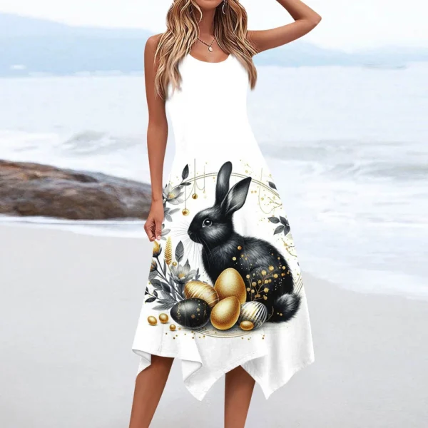 Women's Casual Fashion Round Neck Sleeveless Print Irregular Hem Midi Dress - Image 11