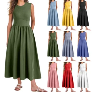 Women's Casual Fashion Round Neck Sleeveless Solid Irregular Hem Midi Dress