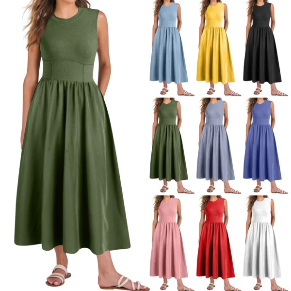 Women's Casual Fashion Round Neck Sleeveless Solid Irregular Hem Midi Dress