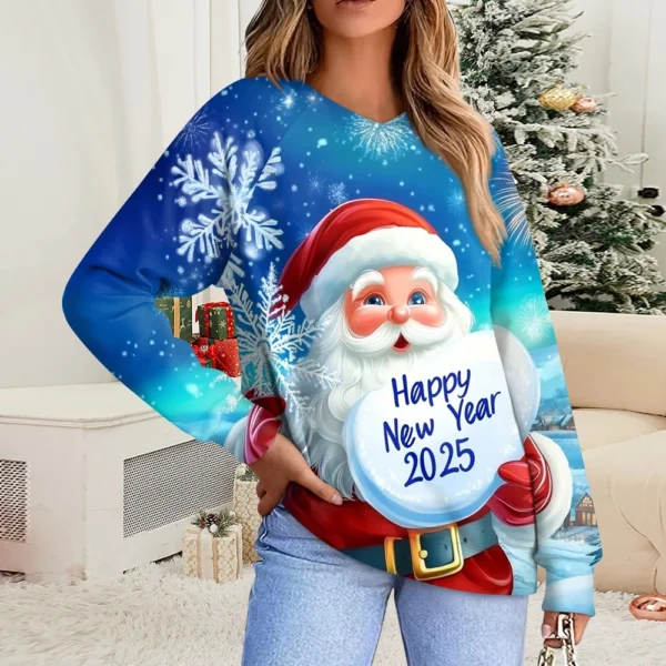 Women's Casual Fashion Comfortable Raglan Sleeve V-Neck Christmas Print - Image 28