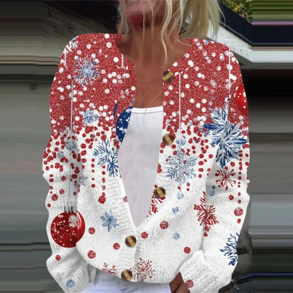 Women's Fashion Christmas Printed Long Sleeve Knitted Cardigan Button Down - Image 25