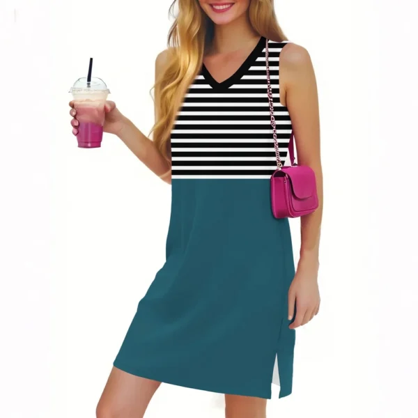 Women's Casual Fashion Sexy V-neck Sleeveless Striped Hem Slit Dress - Image 16
