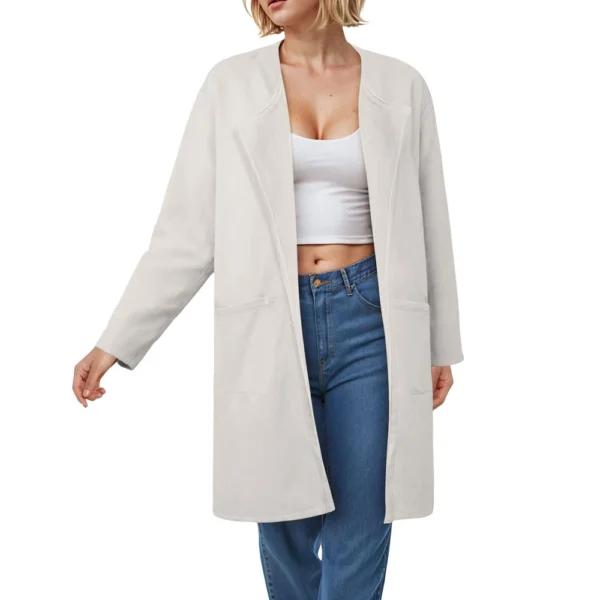 Ladies Solid Color Lapel Cardigan Tweed Cotton Coat Long Sleeve Jacket With - Image 56