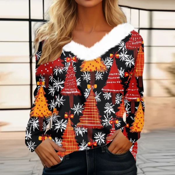 Women's Long Sleeve Christmas Printed Party Plush Neck Wide Casual V-Neck Top - Image 16