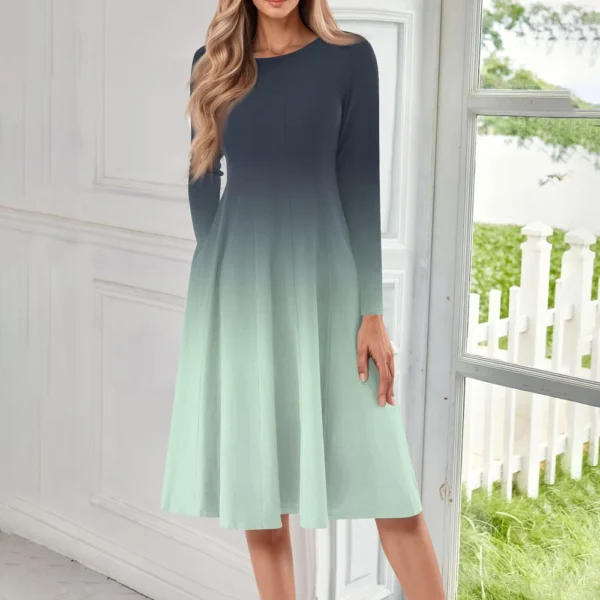 Women's Casual Fashion Round Neck Long Sleeve Print Midi Dress - Image 25