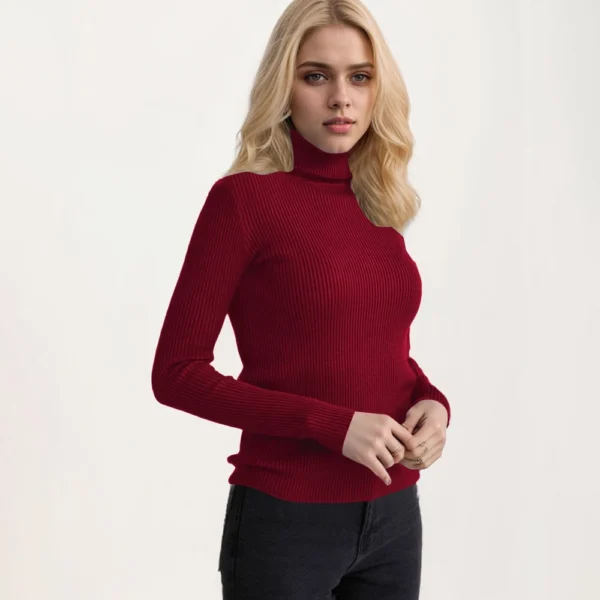 Women's Fashion Casual Solid Color Versatile Knitted High Neck Pullover Sweater - Image 67