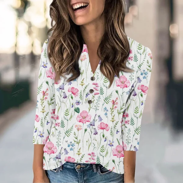 Women's Fashion Casual Loose 3/4 Sleeve Printed Round Neck Top - Image 42