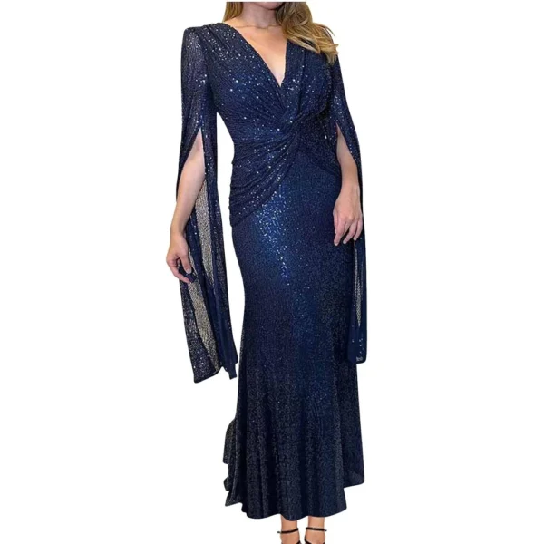 Women's Fashionable Solid Color V Neck Sequin Sexy Evening Dress Party Long - Image 6