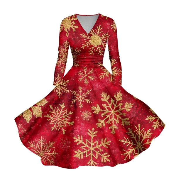 Women's Casual V-Neck Slim Fashion Christmas Long Sleeve Printed Dresses - Image 62