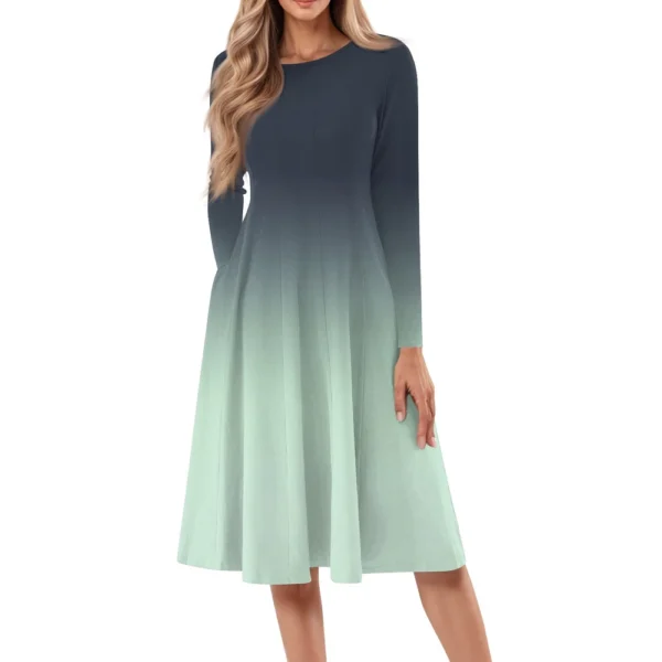 Women's Casual Fashion Round Neck Long Sleeve Print Midi Dress - Image 26