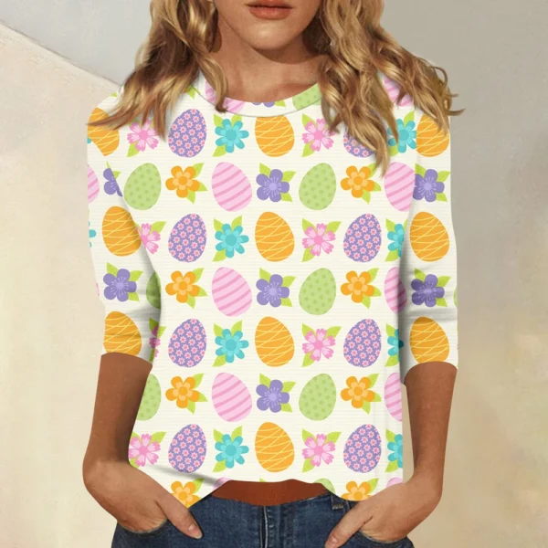 Women's Tops 3/4 Sleeve Casual Fashion Plus Size Basic Easter Printed Pullover - Image 28
