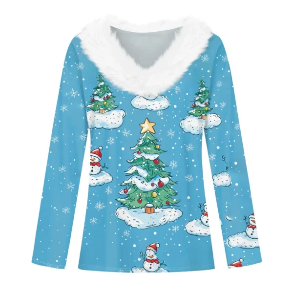 Women's Christmas Shirt Fleece Collar T Shirt Party V Neck Long Sleeve Top - Image 12