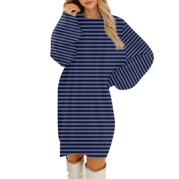 Women's Round Neck Casual Long Sleeve Plush Gradient Stripe Dresses - Image 4