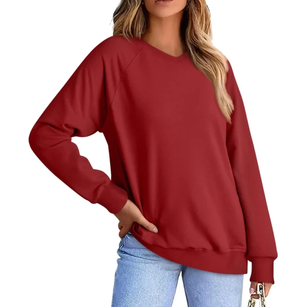 Women's Fashion Sweatshirt V-neck Long Sleeve Solid Color Casual Loose Pullover - Image 3