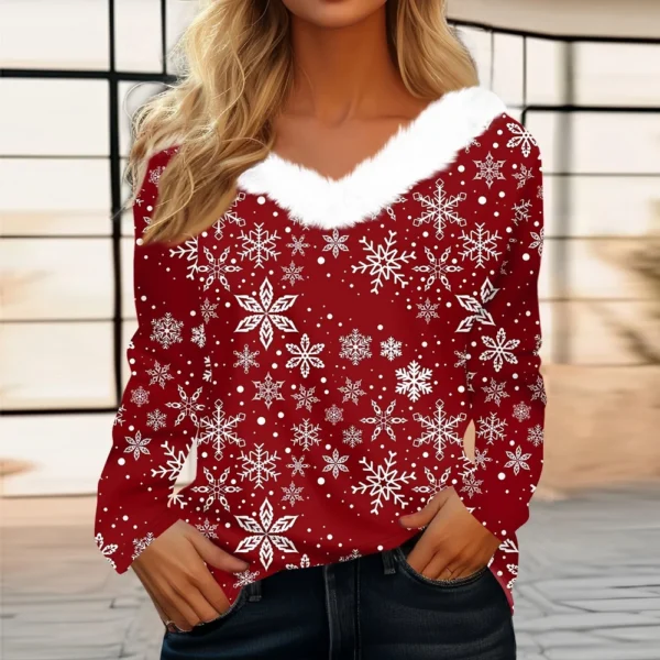 Women's Christmas Long Sleeve Shirt Top V Neck Party Fleece Collar T Shirt - Image 31