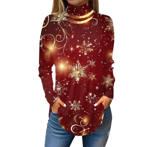 Women's Casual Christmas High Neck Pullover Long Sleeve Fashion Printed T-Shirt - Image 7