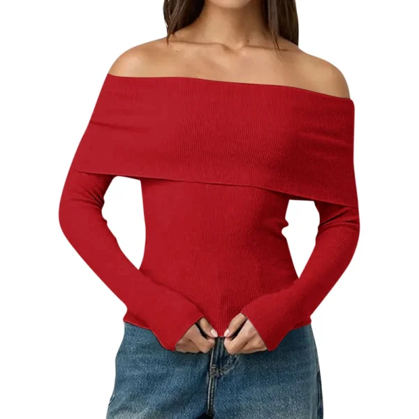 Womens Off The Shoulder Sweaters Long Sleeve Slouchy Knitted - Image 22