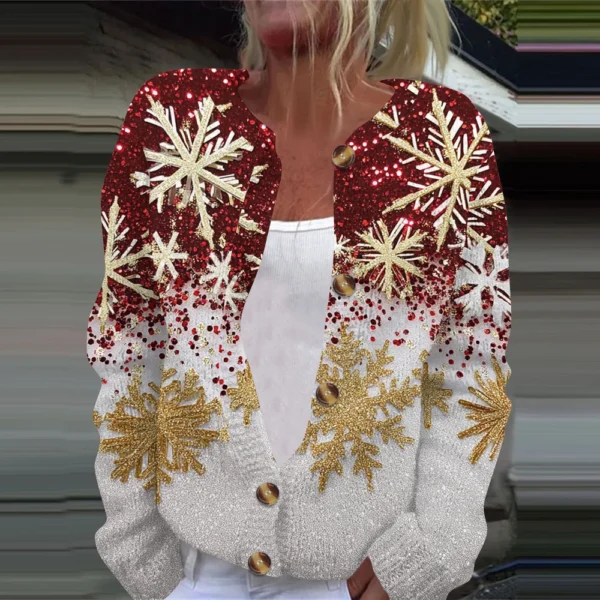 Women's Fashion Christmas Printed Long Sleeve Knitted Cardigan Button Down - Image 22