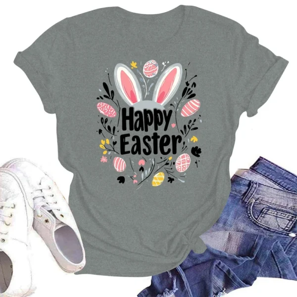 Happy Easter Women's Fashion Printed Round Neck Short Sleeve T-Shirt Pullover - Image 19