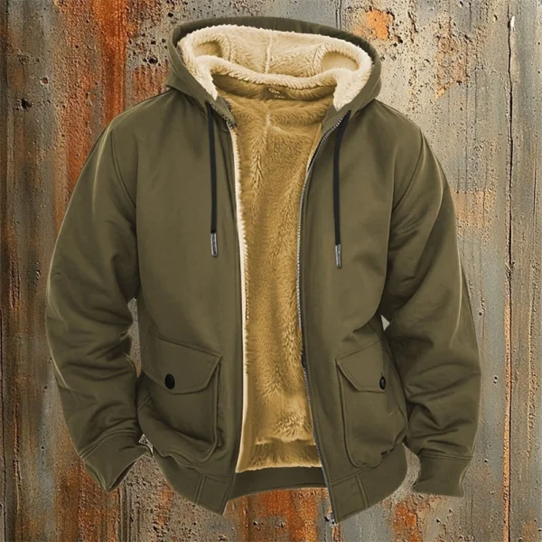 Men's Casual Zippered Pocket Hooded Jacket Men's Solid Color Fashion Warm Jacket - Image 13