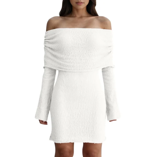 Women's Dresses Sexy Short Knit Hollow One Neck Long Sleeve Dresses - Image 3