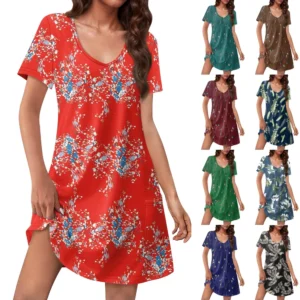 Women's Casual Sundress With Pockets Summer Boho Beach Dress Floral Blouses For