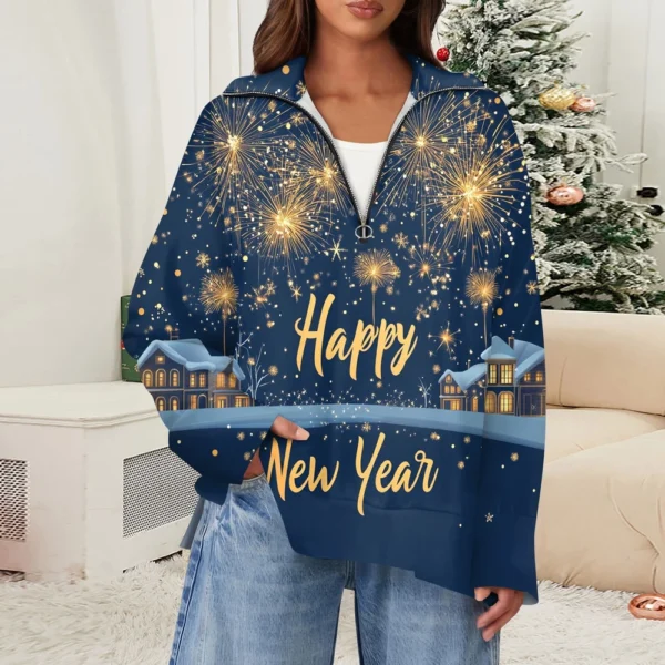 Women's Casual Half Zipper Lapel Christmas Printed Pullover Top Side Slit - Image 19