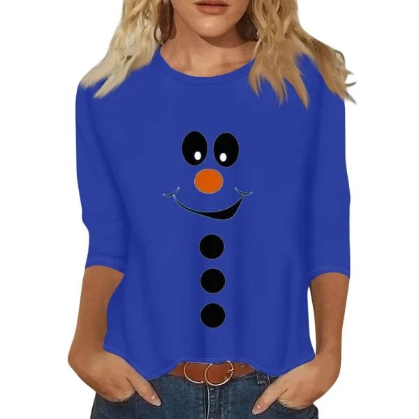 Women's Christmas Casual Round Neck T-Shirt Printed 3/4 Sleeve Loose Ladies Top - Image 29