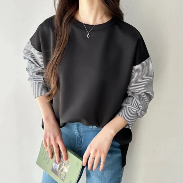 Striped Plaid Sleeves Splicing Long Sleeve Shirt Top - Image 22
