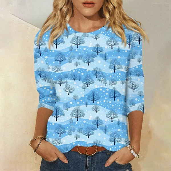 Ladies Loose Casual Round Neck T-Shirt Printed 3/4 Sleeve Christmas Women's Top - Image 31