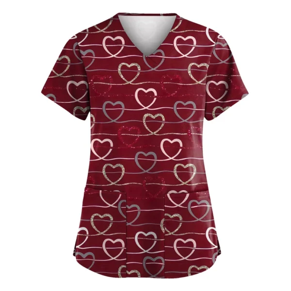 Women's Valentine's Day Printed  Uniform Work Uniform V-Neck Pocket Protective - Image 14