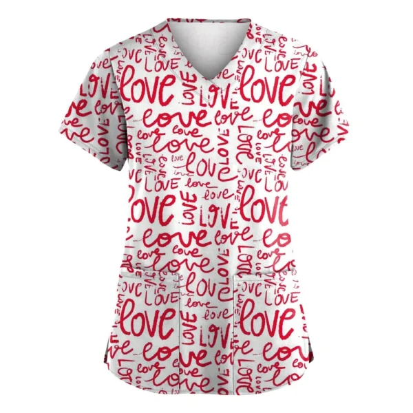 Women's Valentine's Day Printed  Uniform Work Uniform V-Neck Pocket Protective - Image 40