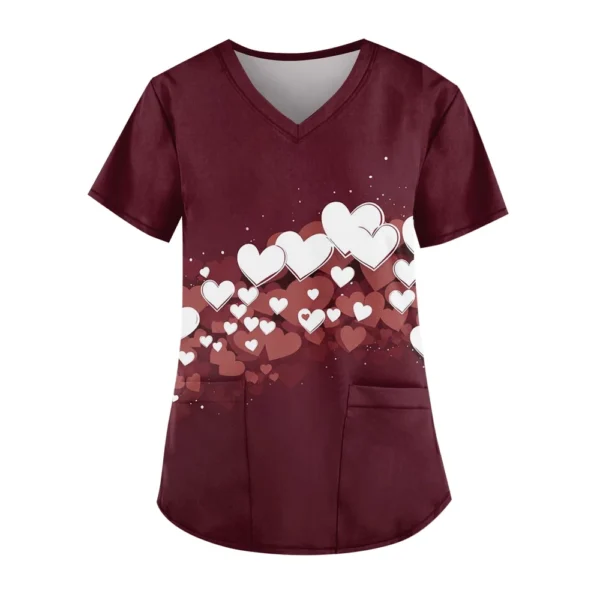 Women's Cute Printed Work Clothes V-neck Double Layer Pockets Basic Short - Image 6