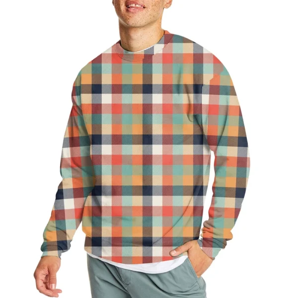 Men's Casual Fashion Comfortable Plaid Round Neck Pullover Sweatshirt Sweatshirt - Image 3